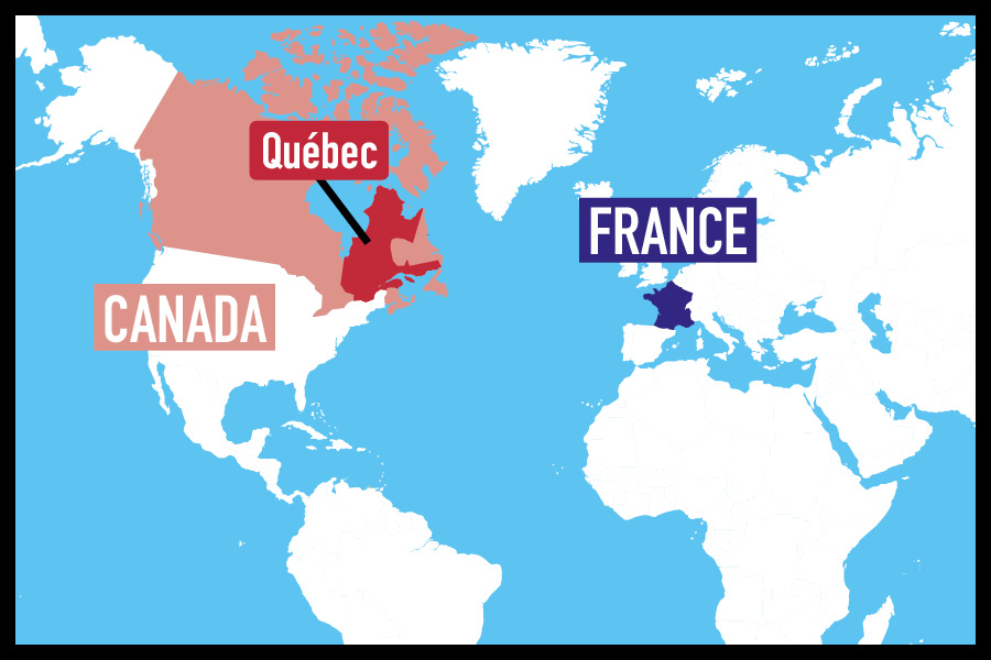carte situant la France, le Canada et le Québec