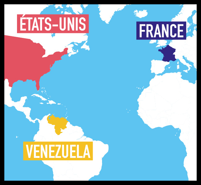 carte montrant la France, les États-Unis et le Venezuela.