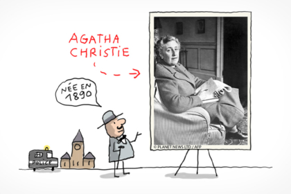 Agatha Christie est en photo assise dans son fauteuil. Elle est présentée par un personnage qui annonce qu'elle est née en 1890.