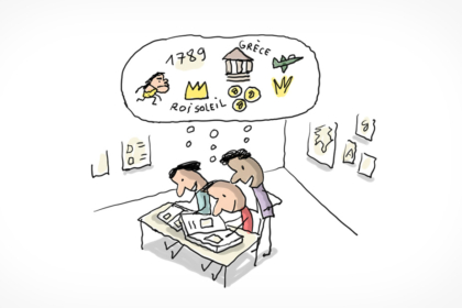 Trois enfants regardent ensemble des livres d'histoire. Ils apprennent l'histoire : les hommes préhistoriques, la Révolution française, le Roi soleil, la Grèce antique, la guerre, etc.