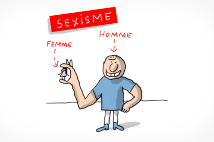 Un homme musclé avec un sourire malicieux tient une toute petite femme entre ses doigts. C'est l'illustration du sexisme.
