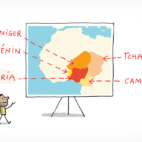 Un personnage présente la carte de l'Afrique avec le Nigéria et ses pays voisins.
