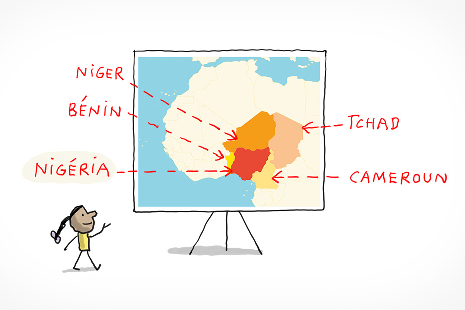 Un personnage présente la carte de l'Afrique avec le Nigéria et ses pays voisins.