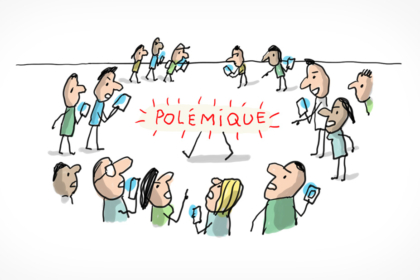 Des gens discutent et débattent sur un sujet qui fait polémique. Ils tiennent tous un téléphone à la main.