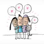 Trois personnes et un chat se font un câlin commun.