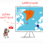 Carte du Groenland présentée par un personnage.