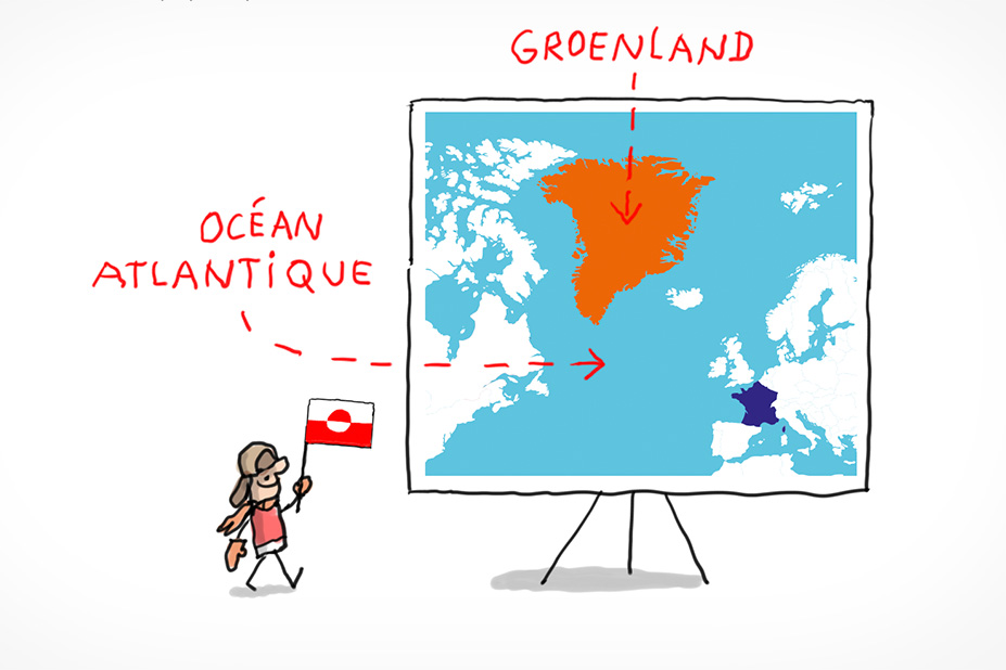 Carte du Groenland présentée par un personnage.