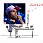 Squeezie devant son ordinateur dessiné par Jacques Azam.