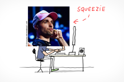Squeezie devant son ordinateur dessiné par Jacques Azam.
